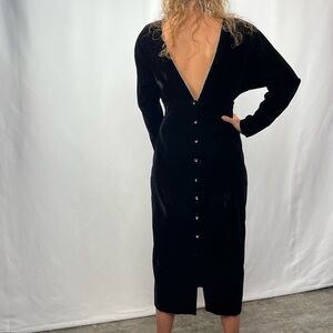 Vintage Datiani Velvet Long Sleeve‎ Crystal Button Up Back Midi Dress in Black 4